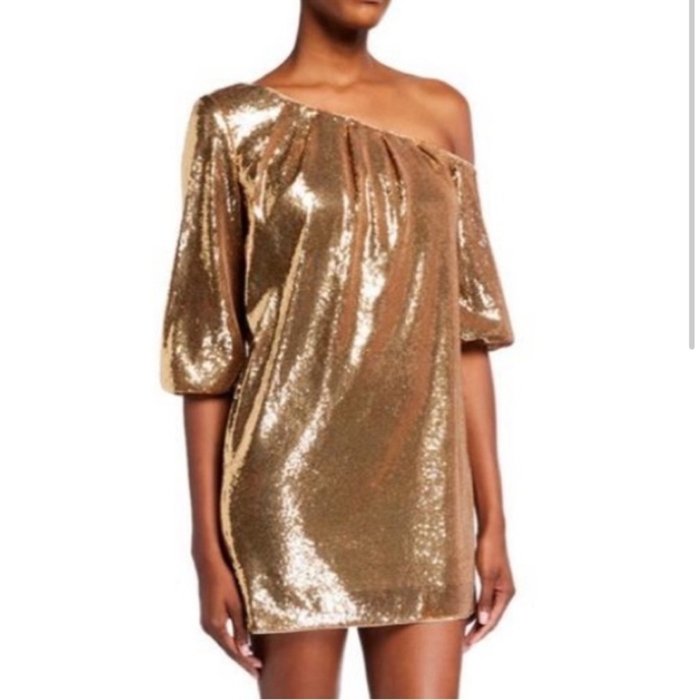 Aidan Mattox Womens Cold One-Shoulder Gold Sequin Mini Dress NWT Size 2